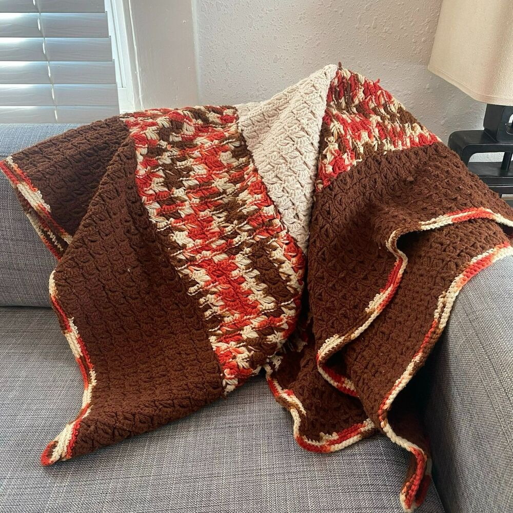 Handmade Throw Blanket Afghan, Vintage Crochet Orange Brown Pattern